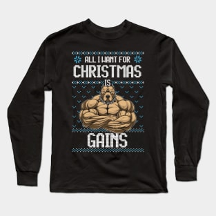 All I Want For Christmas if Gains Funny PitBull Dog Bodybuilding Fitness Gift Long Sleeve T-Shirt